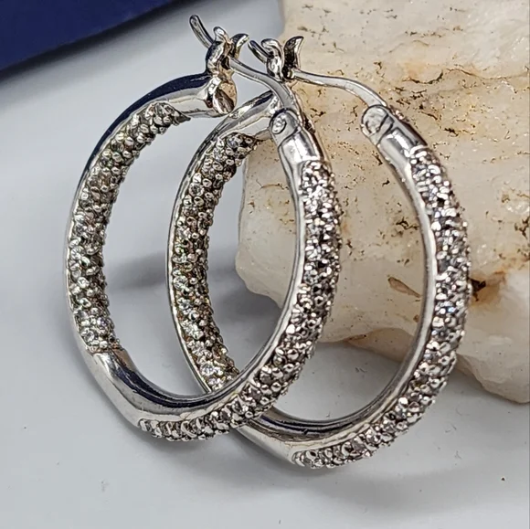 Swarovski Jewelry Matrix Earrings White Topaz Sterling 925 Silver Hoops